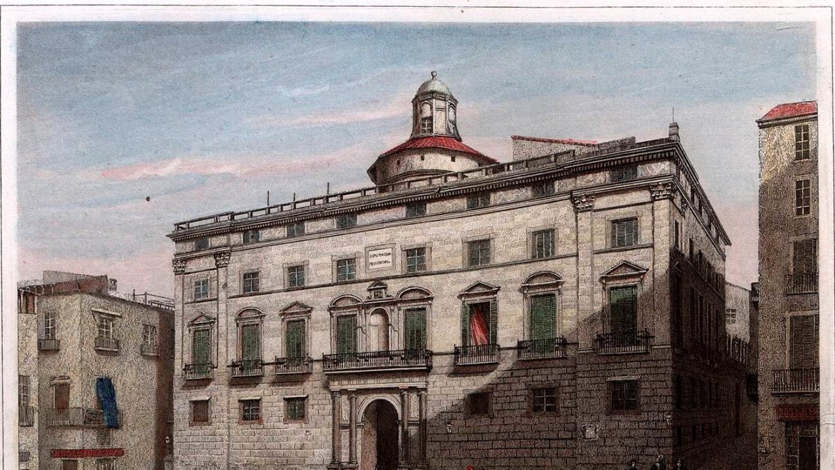 Palau de la Generalitat quan era seu de la Diputació Provincial. Gravat d’Antonio Roca, publicat a “España: obra pintoresca en láminas” (1842-1846).