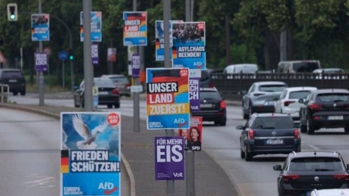 Carteles para las europeas, con mensajes de AfD, en Berlín.