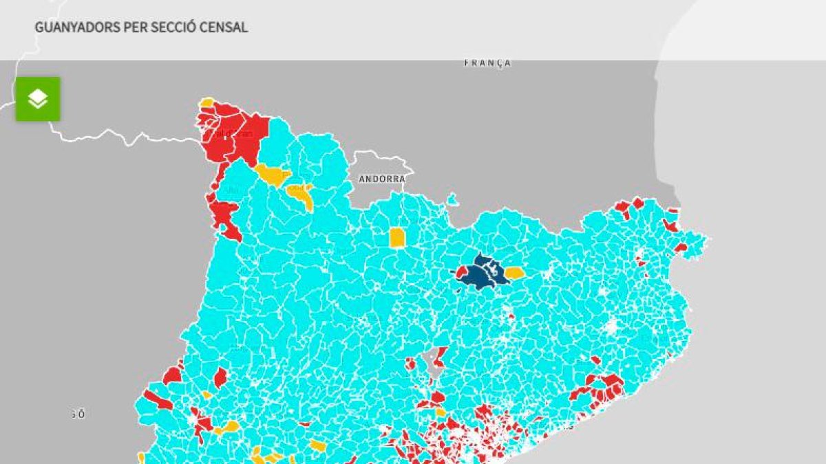 Mapa de las secciones censales de Catalunya por ganador de las elecciones al Parlament 2024.