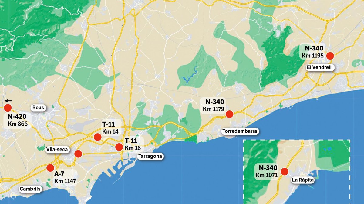 Los tramos de concentración de incidentes ubicados en Tarragona. Fuente: Ministerio de Transportes, Movilidad y Agenda Urbana