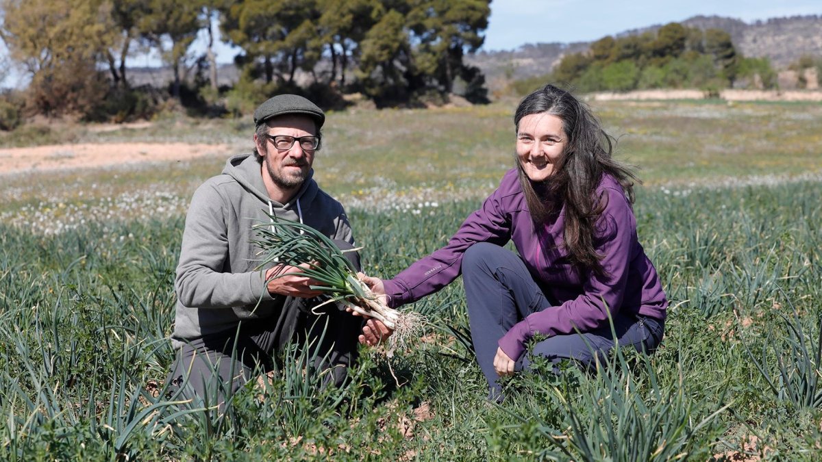 Sven Rock y Anna Amigó, en las tierras de Lligams Orgànics, en L’Espluga de Francolí.
