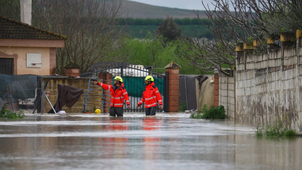 Bomberos y policía local asisten a vecinos en el desalojo de sus viviendas en el entorno del aeropuerto de Córdoba, en las parcelaciones con riesgo de inundación al subir el nivel de riesgo del río Guadalquivir en Córdoba, este martes. Las abundantes y persistentes lluvias han dejado acumulados de hasta 55 litros en el suroeste de la península esta madrugada.