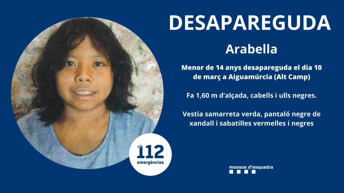 Publicación de los Mossos en X para localizar a Arabella.