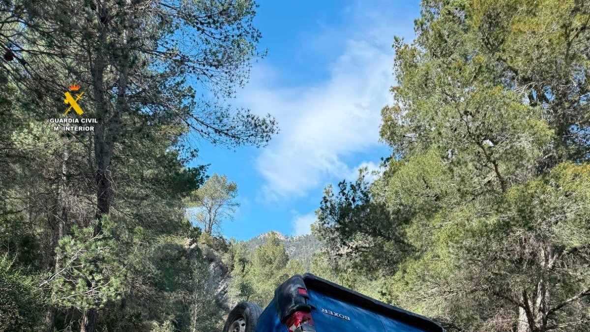 La furgoneta accidentada en una pista forestal de Els Ports.