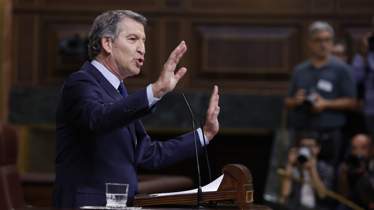 El líder del Partido Popular, Alberto Núñez Feijóo interiene durante el pleno del Congreso de los Diputados este miércoles.
