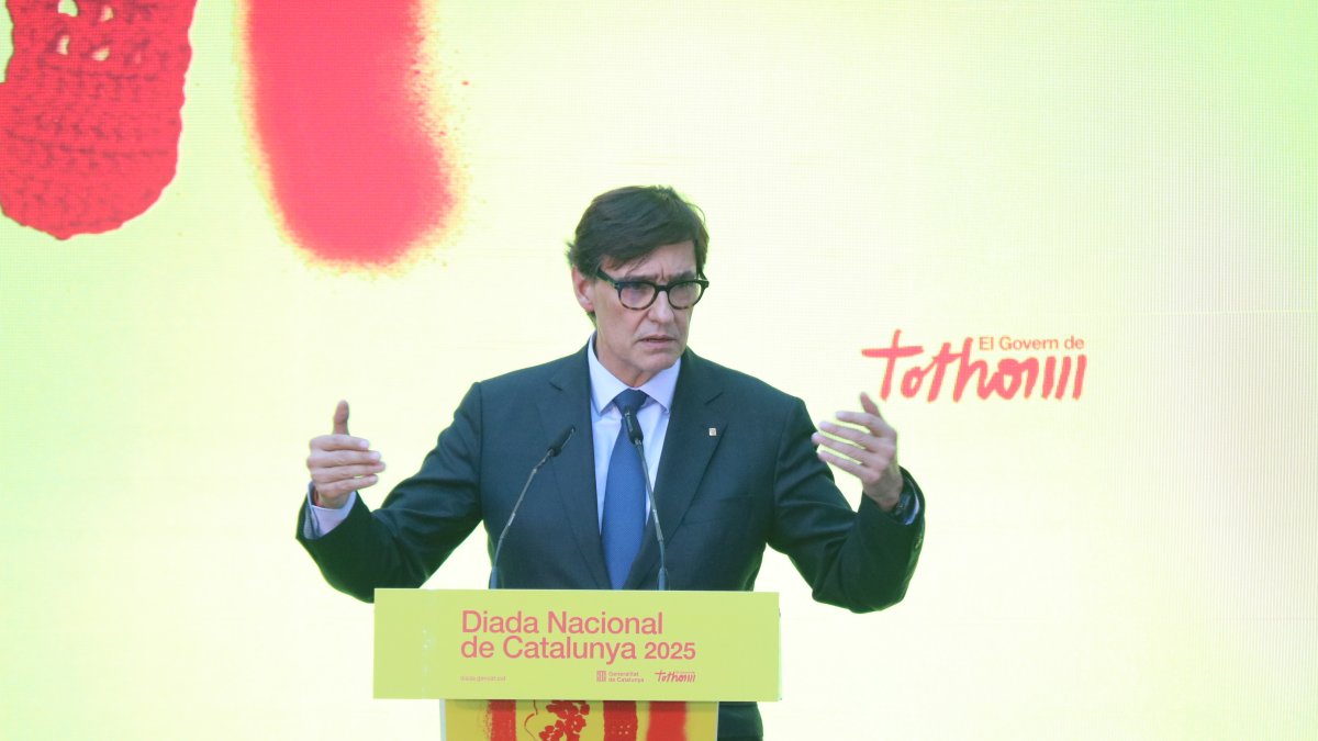 El president de la Generalitat, Salvador Illa, durante su discurso en el acto para celebrar la Diada de Catalunya en Madrid