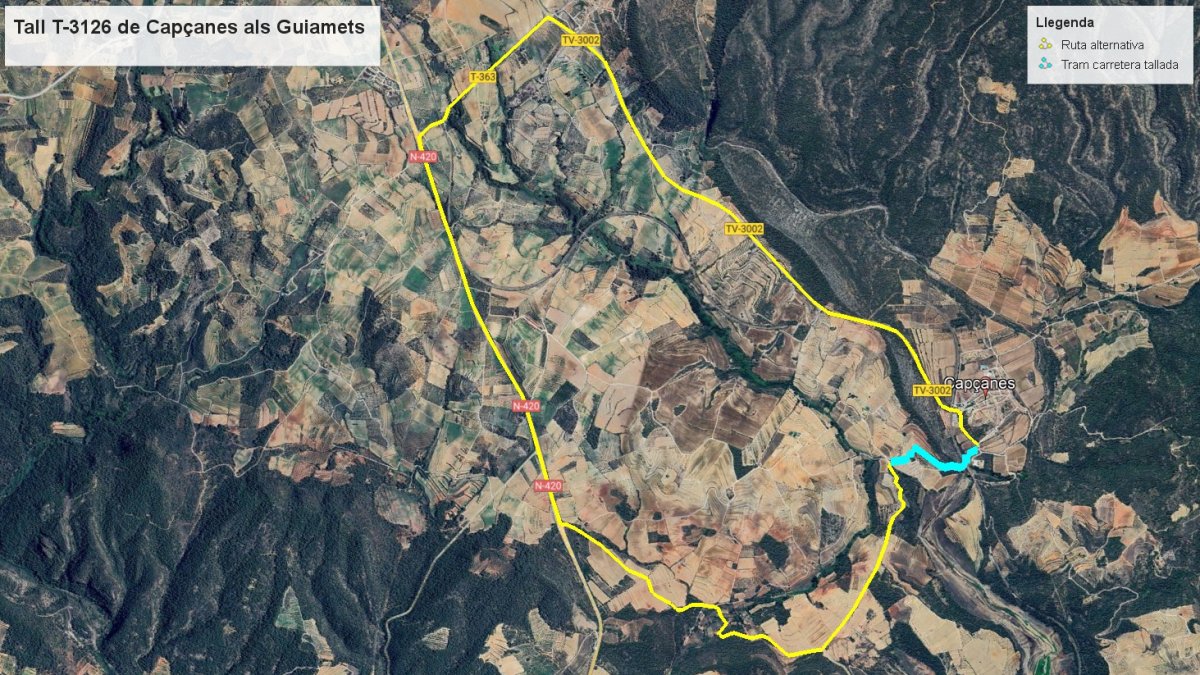 El corte de la carretera T-3126 de Capçanes a Els Guiamets