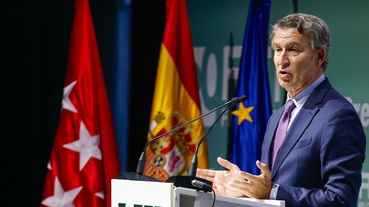 MADRID, 27/10/2025.- El líder del Partido Popular, Alberto Núñez Feijóo, interviene durante la entrega de los XXIV premios Autónomo del Año en Madrid, este lunes. EFE/Javier Lizón