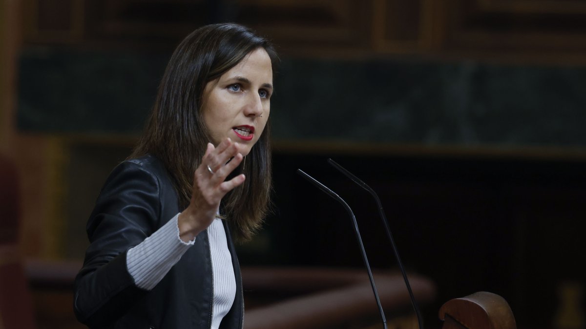 La líder de Podemos, Ione Belarra, interviene durante el pleno que celebra este miércoles el Congreso, ante el que comparece Pedro Sánchez para informar de las últimas cumbres internacionales.