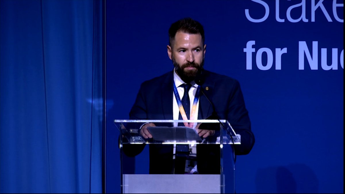 El alcalde de Ascó, Miquel Àngel Ribes durante su intervención el pasado mes de mayo en Viena en la Conferencia Internacional del Organismo Internacional de la Energía Atómica (OIEA).