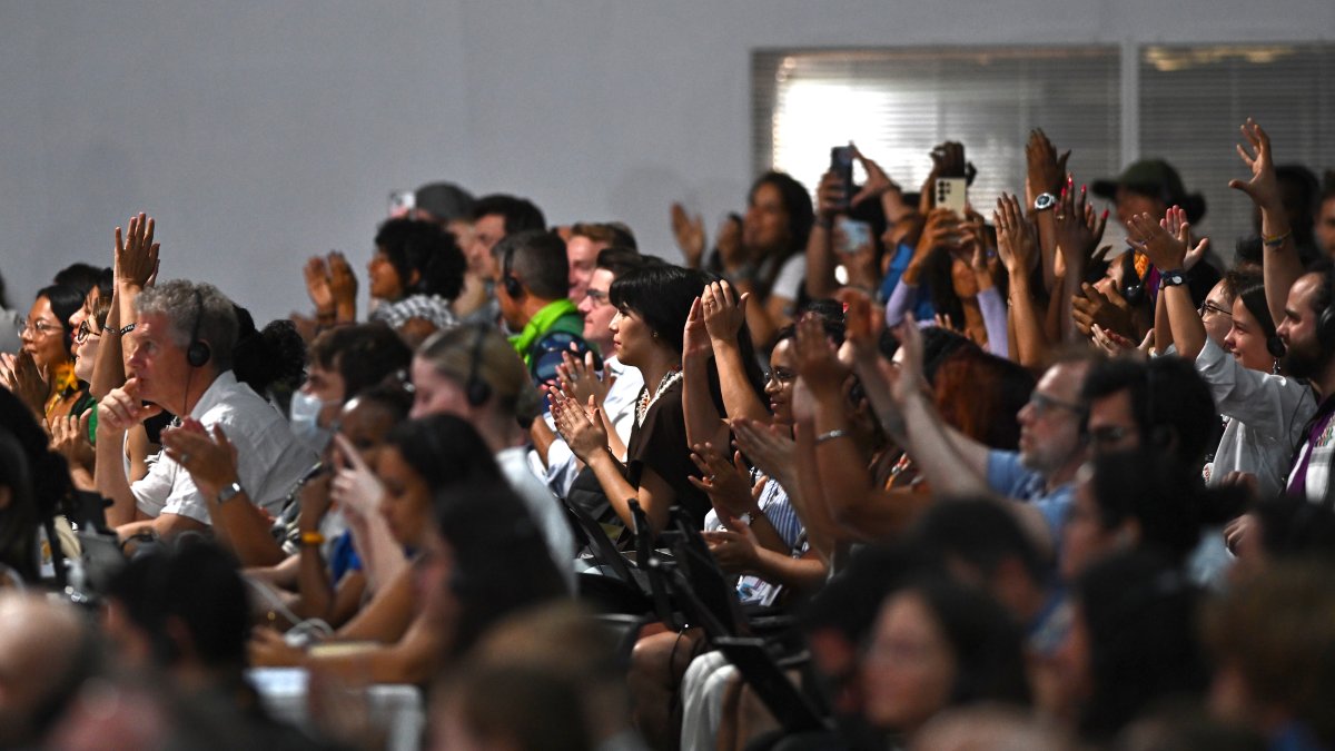 Personas aplauden durante la sesión plenaria de la COP30 en el Centro de Convenciones Hangar este sábado, en Belém (Brasil)