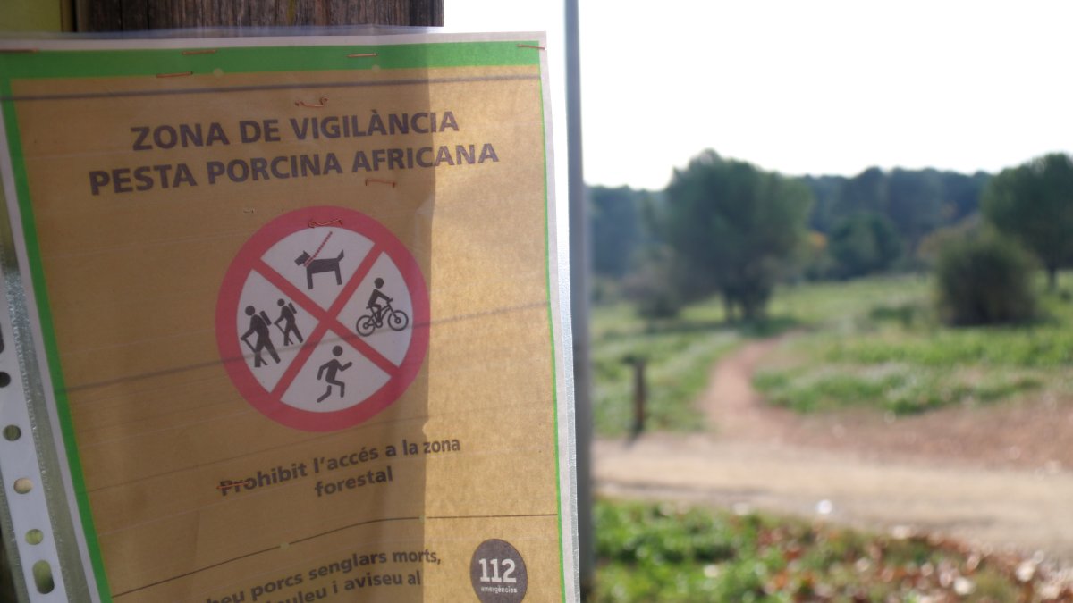 Un cartel que advierte que se trata de una zona vigilada por posible presencia peste porcina africana.