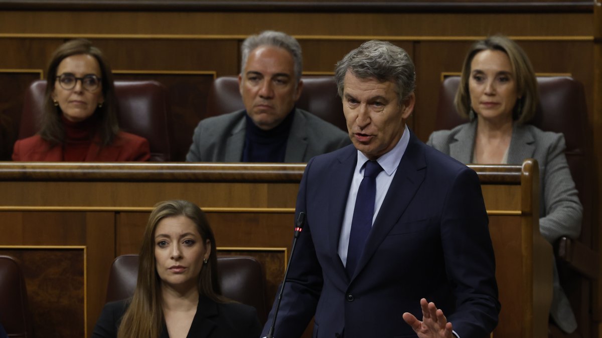El líder del Partido Popular, Alberto Núñez-Feijóo, interviene durante la sesión de control en el Congreso de los Diputados, este miércoles.