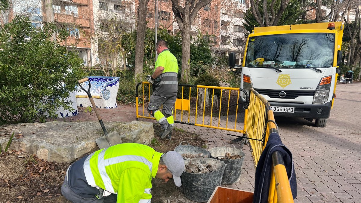 Operarios de Brigades sustituyen una fuente en el Parc Sant Jordi.