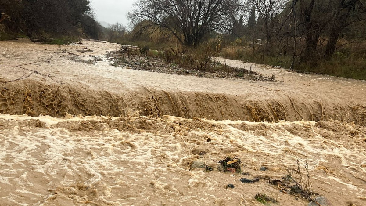 La riera de Maspujols a su paso por Ruidoms bajando llena de agua tras las lluvias de este sábado
