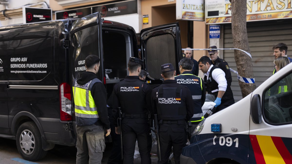 La Policía Nacional y trabajadores de los servicios funerarios trasladan el cuerpo de uno de los fallecidos en un suceso registrado este jueves en Fuengirola (Málaga).