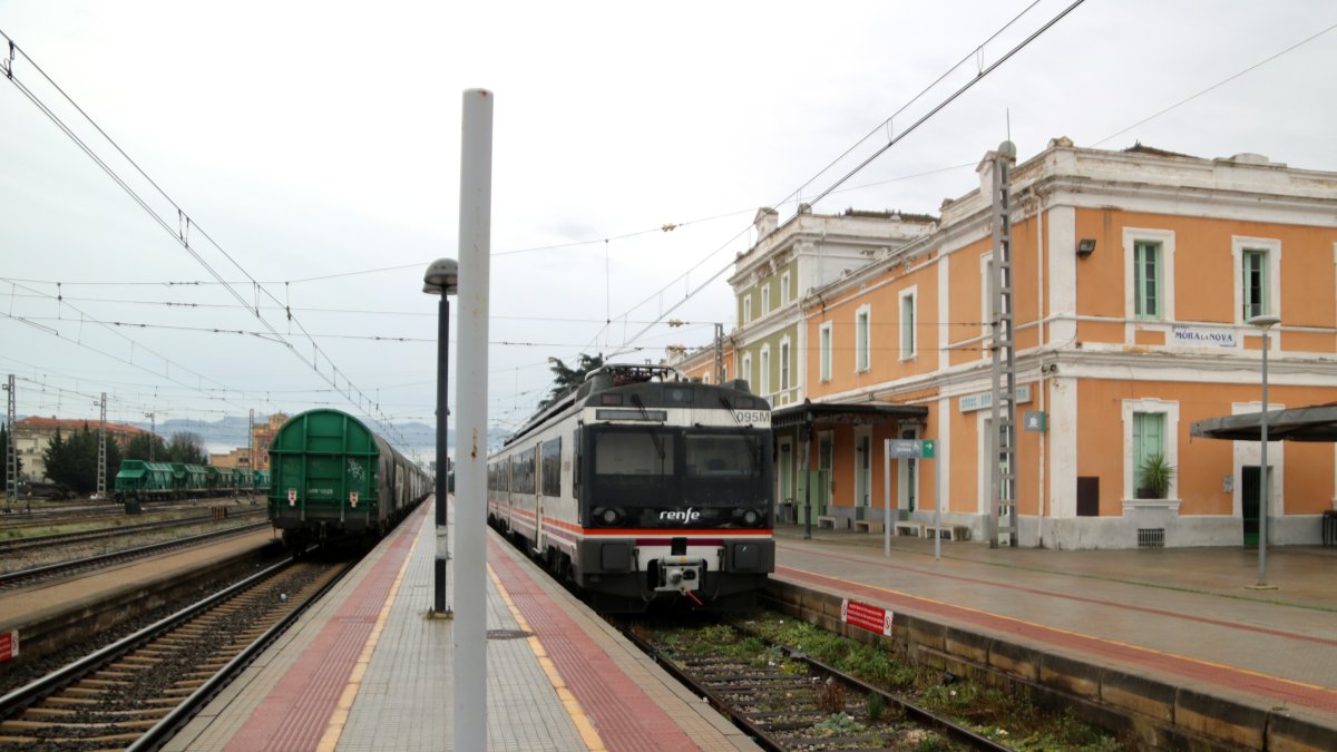 Un tren de mercancías pasa paralelo a un tren de pasajeros parado en la estación de Móra la Nova.