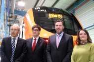 Leopoldo Maestu (i), Salvador Illa, Oscar Puente y Cristina Andériz(d) durante la presentación de los nuevos trenes de Rodalies fabricados en Alstom