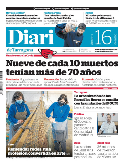 Portada del Diari de Tarragona del martes 16 de marzo de 2021