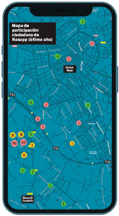 Aspecto de Nasapp con los registros ciudadanos por malos olores realizados en Reus durante el último año.