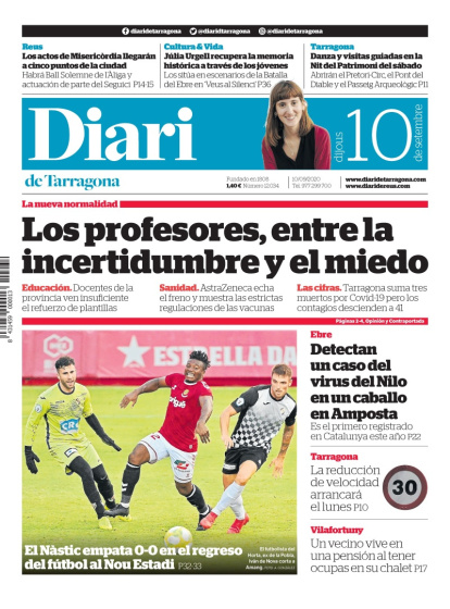 Lea la portada del Diari de este jueves, 10 de septiembre de 2020