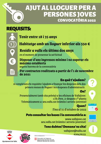 Cartell informatiu dels ajuts al lloguer per a persones joves a Valls.