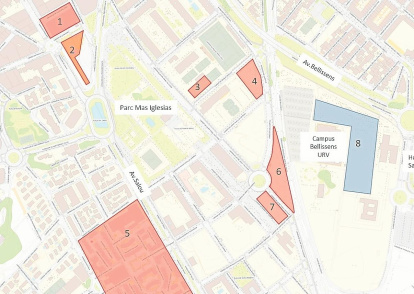 1. Mercat del Carrilet. 2. Estación de buses. 3. Nueva Escola Bressol Municipal.  4. Pabellón del Molinet. 5. Intervención a bloques del barrio Fortuny. 6. Estación ferroviaria de Bellissens 7. 132 viviendas protegidas.