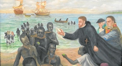 Representació de sant Pere Claver, antic estudiant a Tarragona, acollint els esclaus negres arribats a Colòmbia.