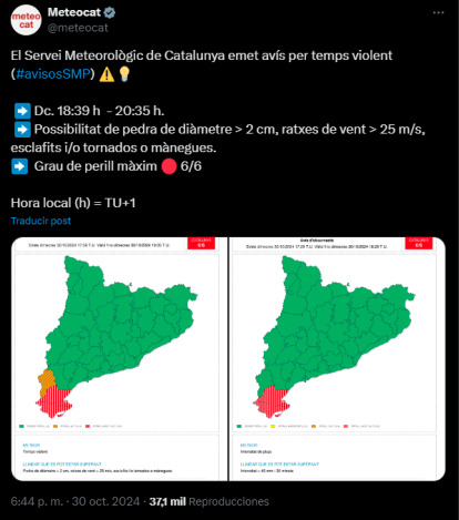 Publicación en X del Meteocat