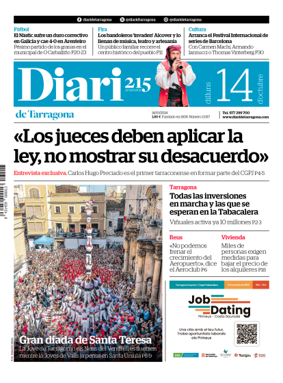 Portada del Diari del lunes 14 de octubre de 2024