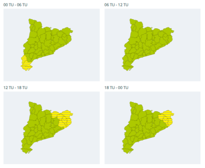 Alerta amarilla durante toda la jornada de martes. Font: Meteocat