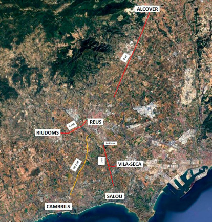 Futura xarxa de carrils bici al voltant de Reus. En vermell, carrils projectats; i en groc, el carril de Cambrils, en construcció.