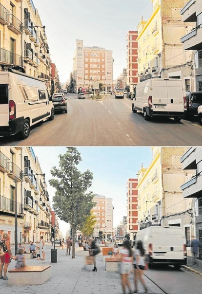El antes y después de la calle Unió, con más espacio para los peatones al ampliar aceras.
