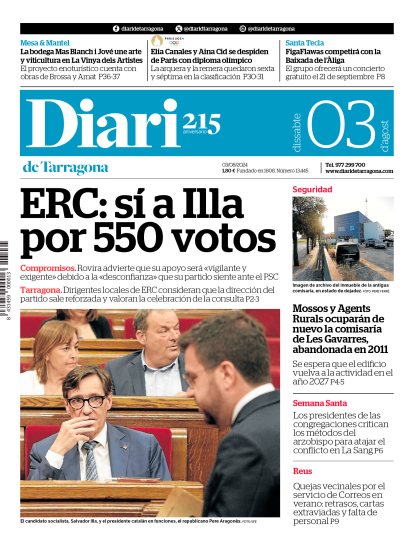Portada del Diari del sábado 3 de agosto de 2024