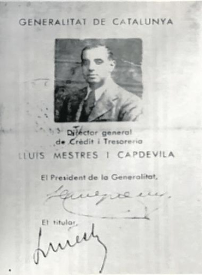 Carnet de Director General de Crèdit i Tresoreria de la Generalitat a nom de Lluís Mestres i Capdevila, signat pel president Companys, el 1937