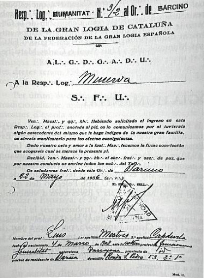 Petició d’ingrés a la maçoneria de Lluís Mestres, el maig de 1936