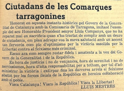 Missatge del comissari Lluís Mestres als tarragonins, en prendre possessió del càrrec, aparegut al Diari de Tarragona