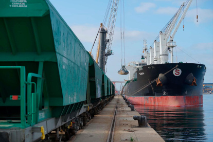 Uno de los trenes preparados para cargar el contenido de un buque.