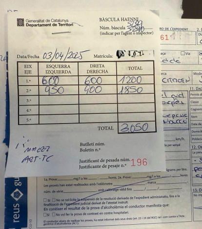Los datos del pesaje de la furgoneta.