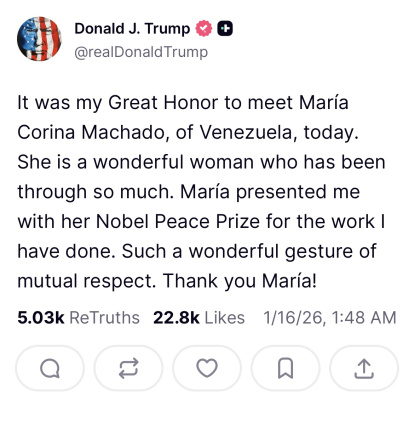 Comunicado del presidente Donald Trump sobre la opositora venezolana María Corina Machado
