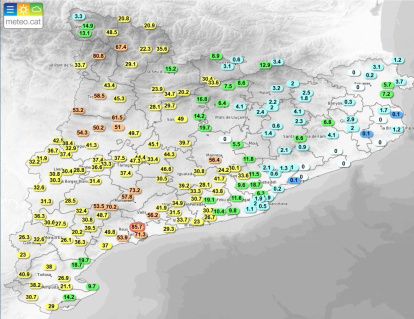 Registros de lluvia acumulada hasta las 15.30 horas de este sábado.