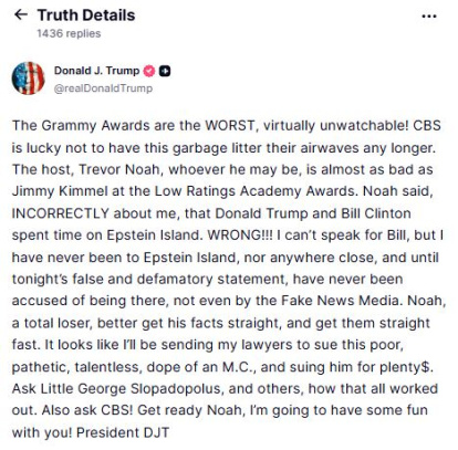 El presidente de EEUU, Donald Trumpm ha amenazado con demandar a Trevor Noha, presentador de los Grammy, por decir que estuvo en la isla de Jeffrey Eipstein